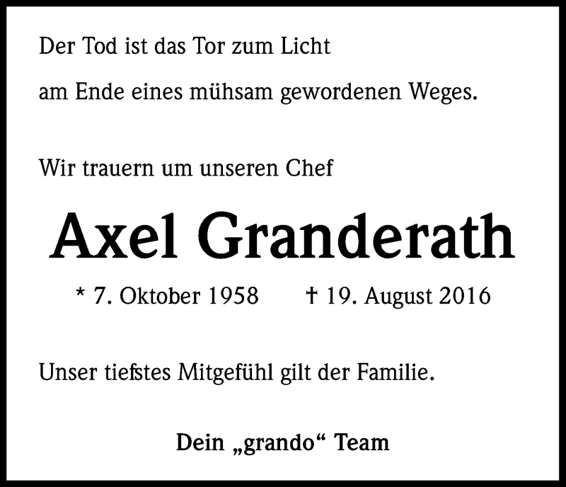  Traueranzeige für Axel Granderath vom 27.08.2016 aus Kölner Stadt-Anzeiger / Kölnische Rundschau / Express