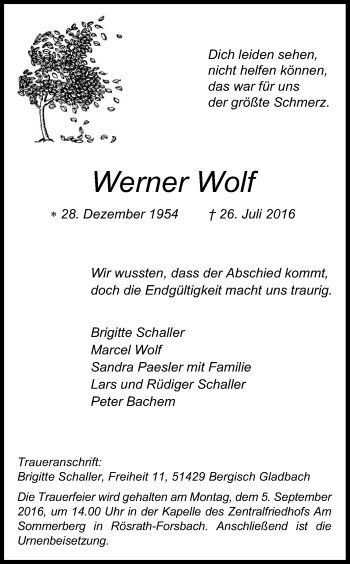 Anzeige von Werner Wolf von Kölner Stadt-Anzeiger / Kölnische Rundschau / Express