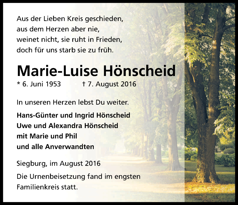  Traueranzeige für Marie-Luise Hönscheid vom 27.08.2016 aus Kölner Stadt-Anzeiger / Kölnische Rundschau / Express