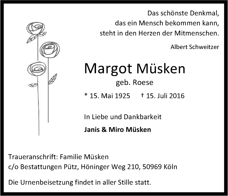  Traueranzeige für Margot Müsken vom 06.08.2016 aus Kölner Stadt-Anzeiger / Kölnische Rundschau / Express