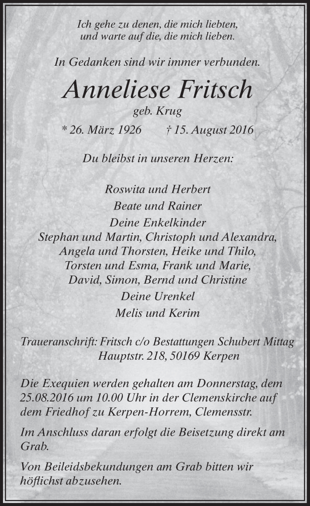  Traueranzeige für Anneliese Fritsch vom 20.08.2016 aus  Sonntags-Post 