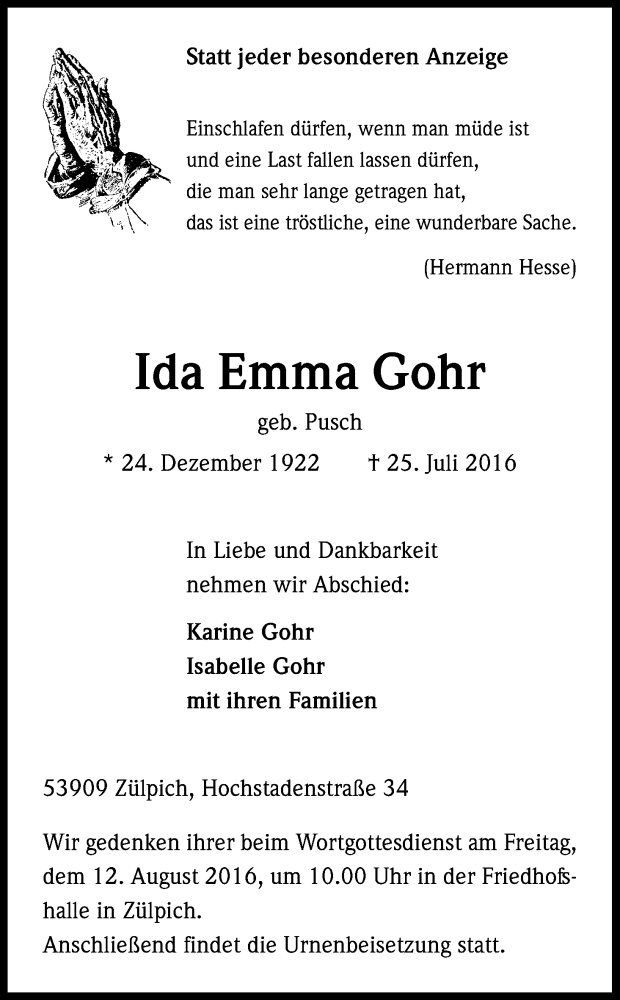  Traueranzeige für Ida Emma Gohr vom 06.08.2016 aus Kölner Stadt-Anzeiger / Kölnische Rundschau / Express