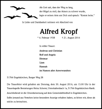 Anzeige von Alfred Kropf von Kölner Stadt-Anzeiger / Kölnische Rundschau / Express