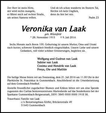 Anzeige von Veronika van Laak von Kölner Stadt-Anzeiger / Kölnische Rundschau / Express