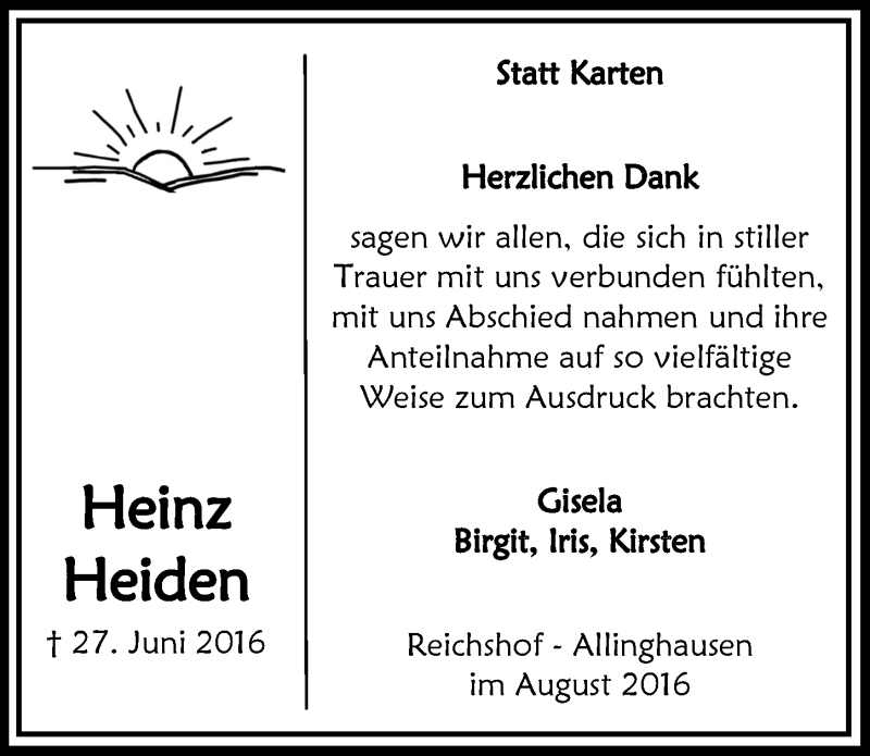  Traueranzeige für Heinz Heiden vom 10.08.2016 aus  Anzeigen Echo 