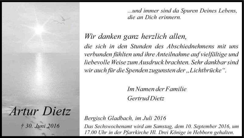  Traueranzeige für Artur Dietz vom 20.08.2016 aus Kölner Stadt-Anzeiger / Kölnische Rundschau / Express