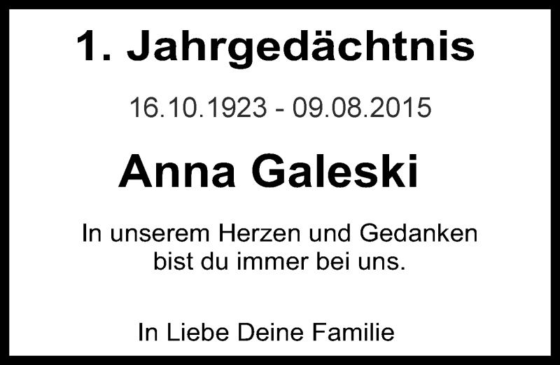  Traueranzeige für Anna Galeski vom 10.08.2016 aus  Kölner Wochenspiegel 