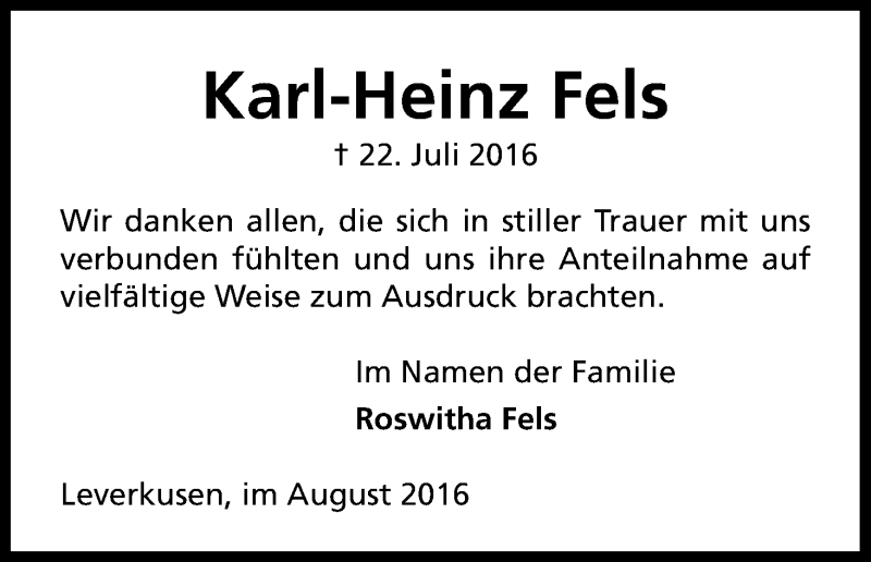  Traueranzeige für Karl-Heinz Fels vom 13.08.2016 aus Kölner Stadt-Anzeiger / Kölnische Rundschau / Express