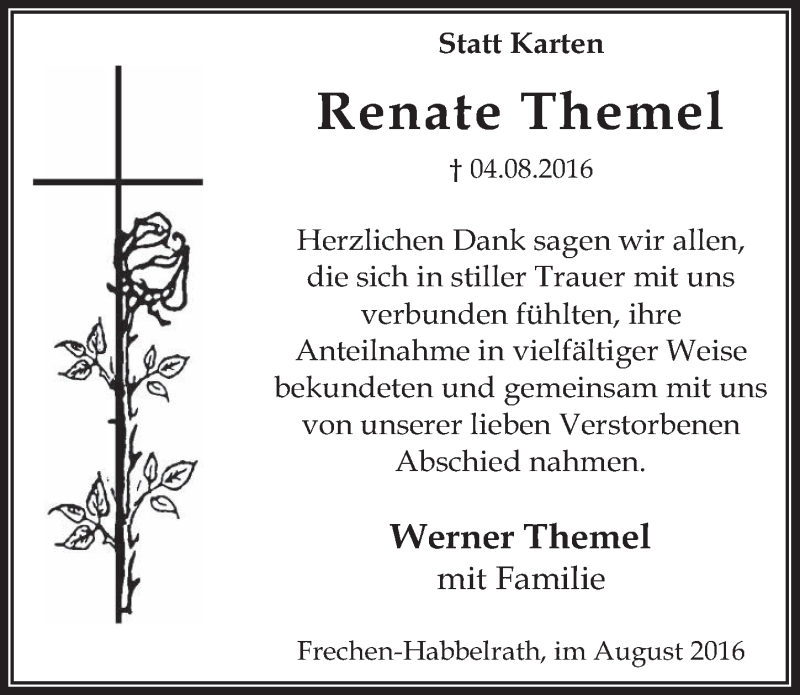  Traueranzeige für Renate Themel vom 24.08.2016 aus  Wochenende 