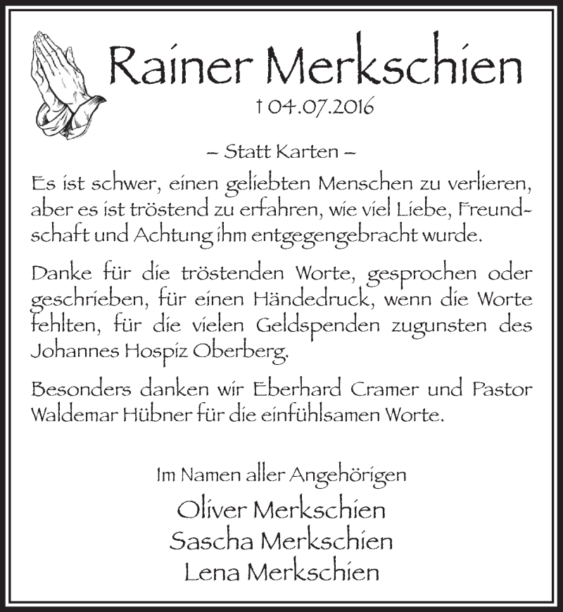  Traueranzeige für Rainer Merkschien vom 03.08.2016 aus  Anzeigen Echo 
