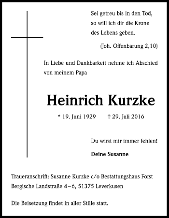Anzeige von Heinrich Kurzke von Kölner Stadt-Anzeiger / Kölnische Rundschau / Express
