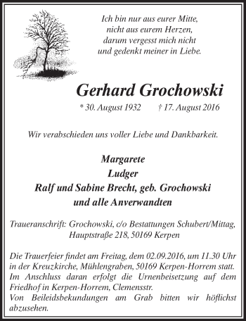 Anzeige von Gerhard Grochowski von  Sonntags-Post 