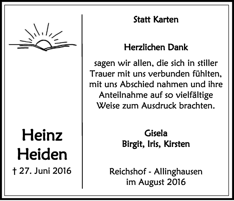  Traueranzeige für Heinz Heiden vom 13.08.2016 aus Kölner Stadt-Anzeiger / Kölnische Rundschau / Express