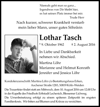 Anzeige von Lothar Tasch von Kölner Stadt-Anzeiger / Kölnische Rundschau / Express