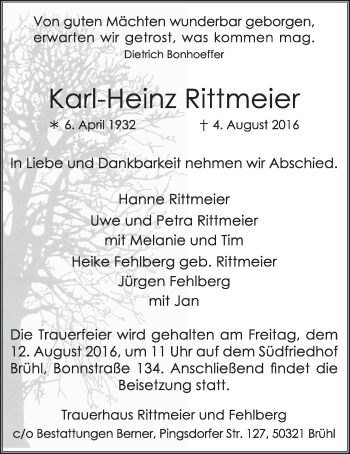 Anzeige von Karl-Heinz Rittmeier von  Schlossbote/Werbekurier 