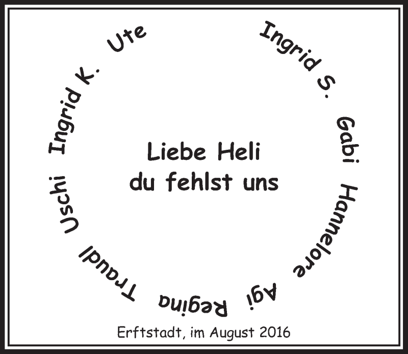  Traueranzeige für Heli  vom 24.08.2016 aus  Werbepost 