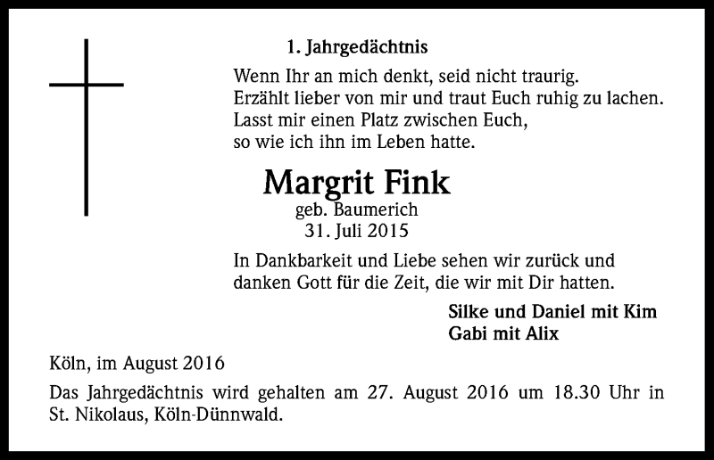  Traueranzeige für Margrit Fink vom 20.08.2016 aus Kölner Stadt-Anzeiger / Kölnische Rundschau / Express