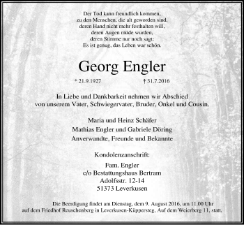 Anzeige von Georg Engler von Kölner Stadt-Anzeiger / Kölnische Rundschau / Express