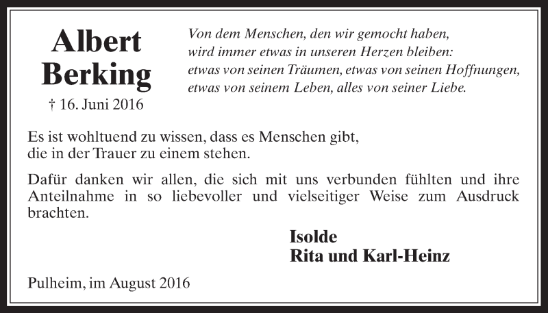  Traueranzeige für Albert Berking vom 03.08.2016 aus  Wochenende 