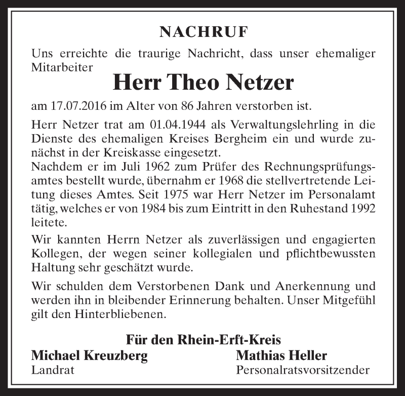  Traueranzeige für Theo Netzer vom 03.08.2016 aus  Werbepost 