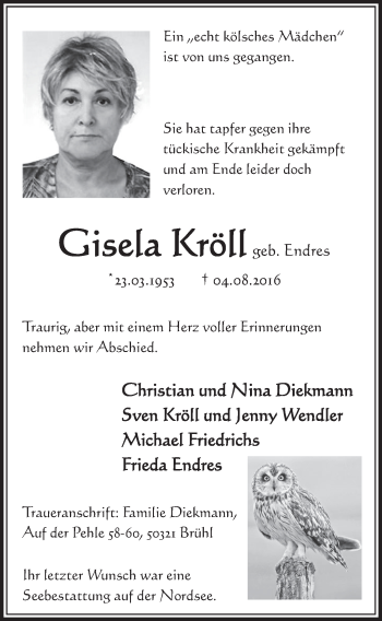 Anzeige von Gisela Kröll von  Schlossbote/Werbekurier 