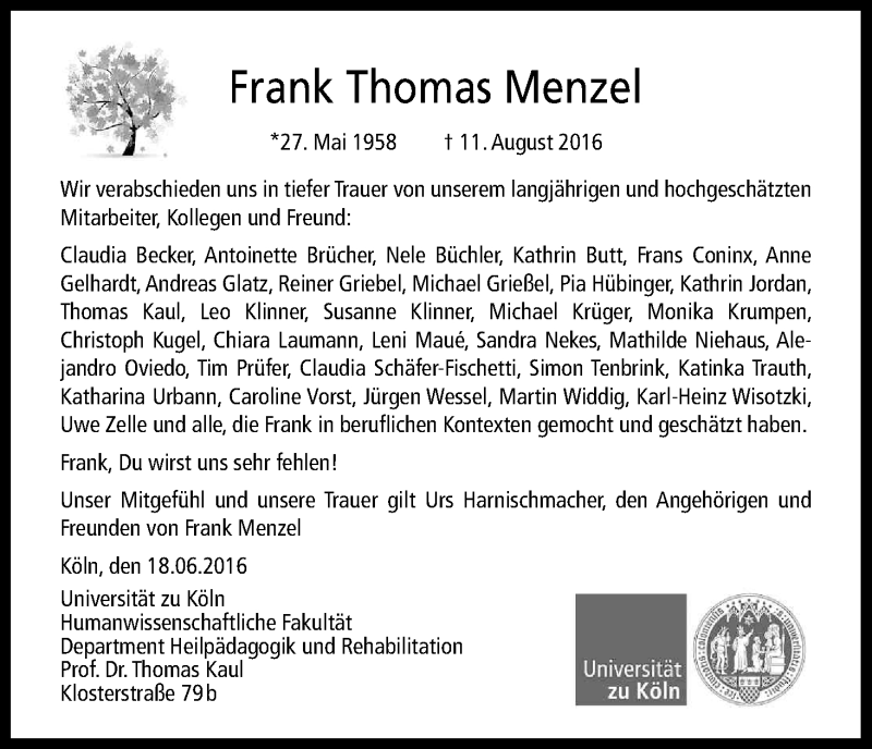  Traueranzeige für Frank Thomas Menzel vom 20.08.2016 aus Kölner Stadt-Anzeiger / Kölnische Rundschau / Express