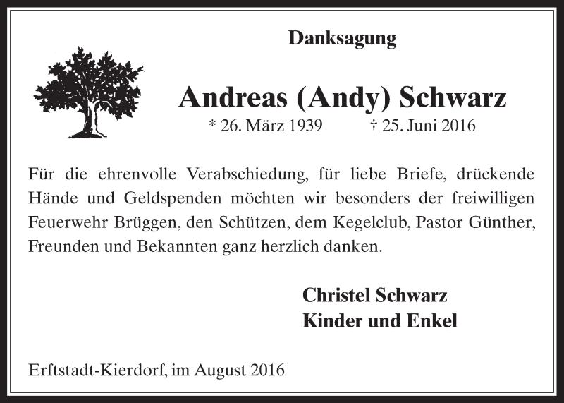  Traueranzeige für Andreas Schwarz vom 03.08.2016 aus  Wochenende  Werbepost 