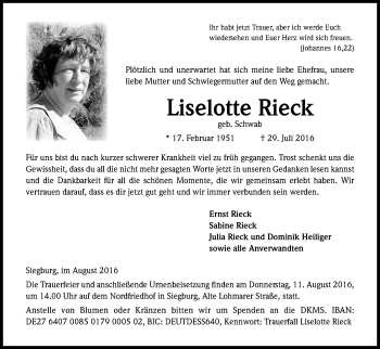 Anzeige von Liselotte Rieck von Kölner Stadt-Anzeiger / Kölnische Rundschau / Express