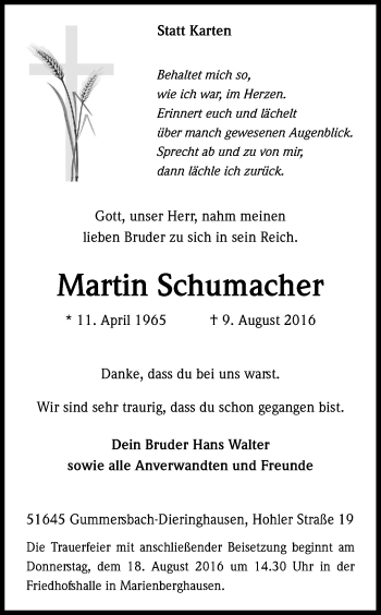 Anzeige von Martin Schumacher von Kölner Stadt-Anzeiger / Kölnische Rundschau / Express