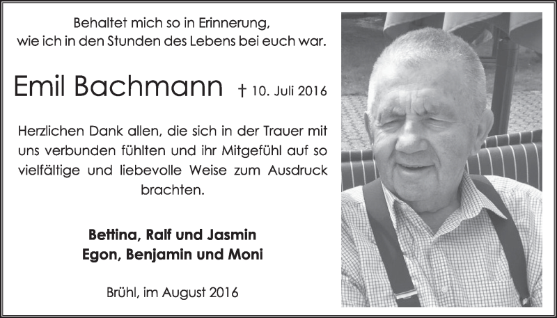  Traueranzeige für Emil Bachmann vom 03.08.2016 aus  Schlossbote/Werbekurier 