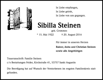 Anzeige von Sibilla Steinen von Kölner Stadt-Anzeiger / Kölnische Rundschau / Express