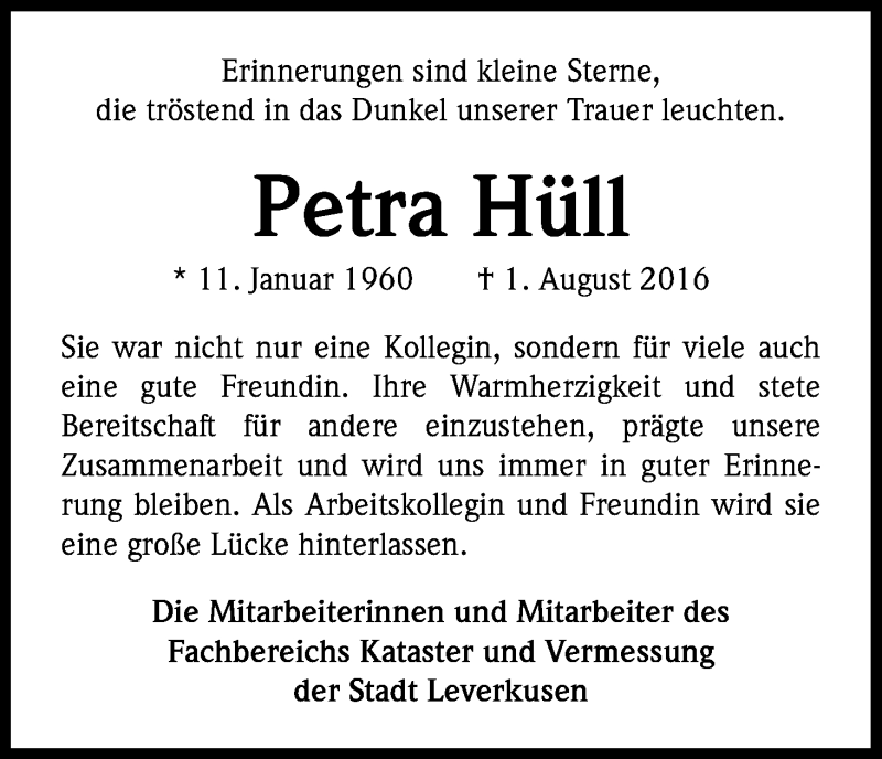  Traueranzeige für Petra Hüll vom 06.08.2016 aus Kölner Stadt-Anzeiger / Kölnische Rundschau / Express