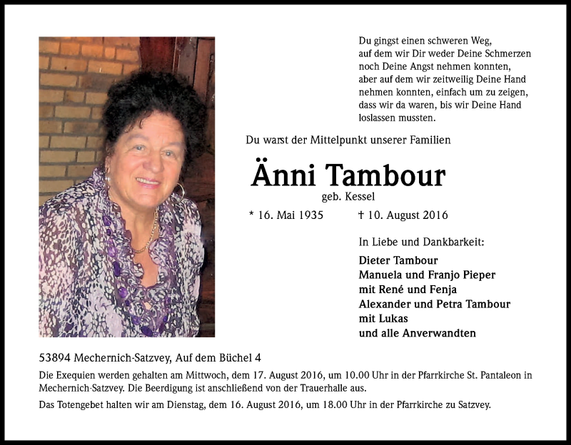 Traueranzeige für Änni Tambour vom 12.08.2016 aus Kölner Stadt-Anzeiger / Kölnische Rundschau / Express
