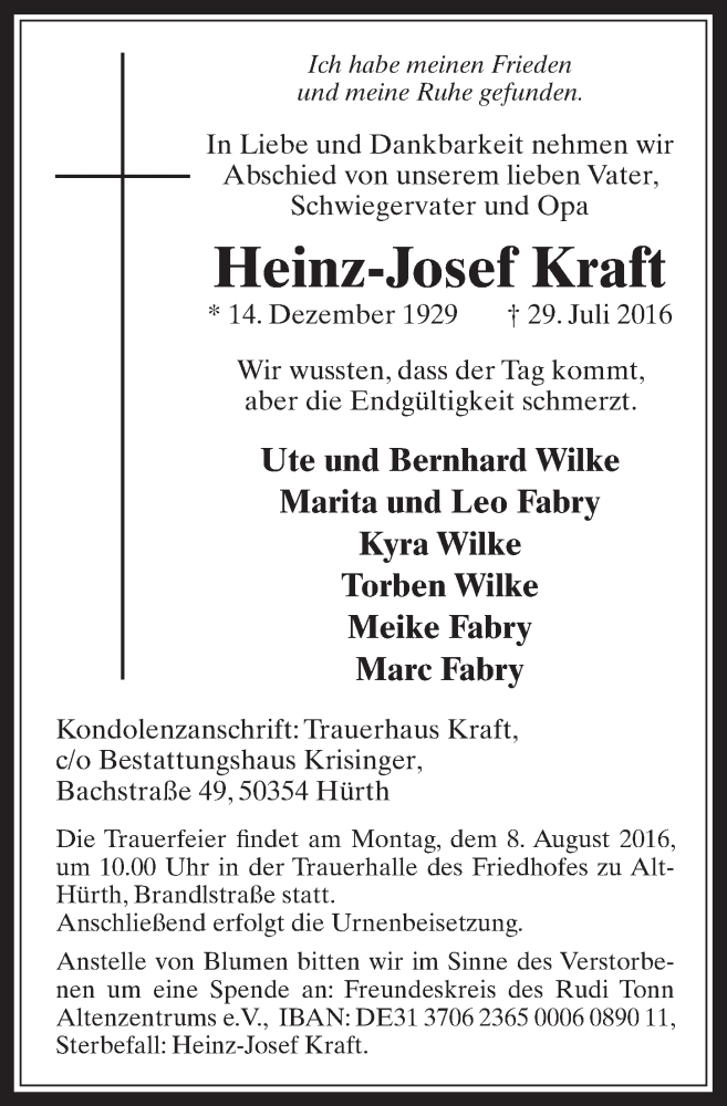  Traueranzeige für Heinz-Josef Kraft vom 03.08.2016 aus  Wochenende 