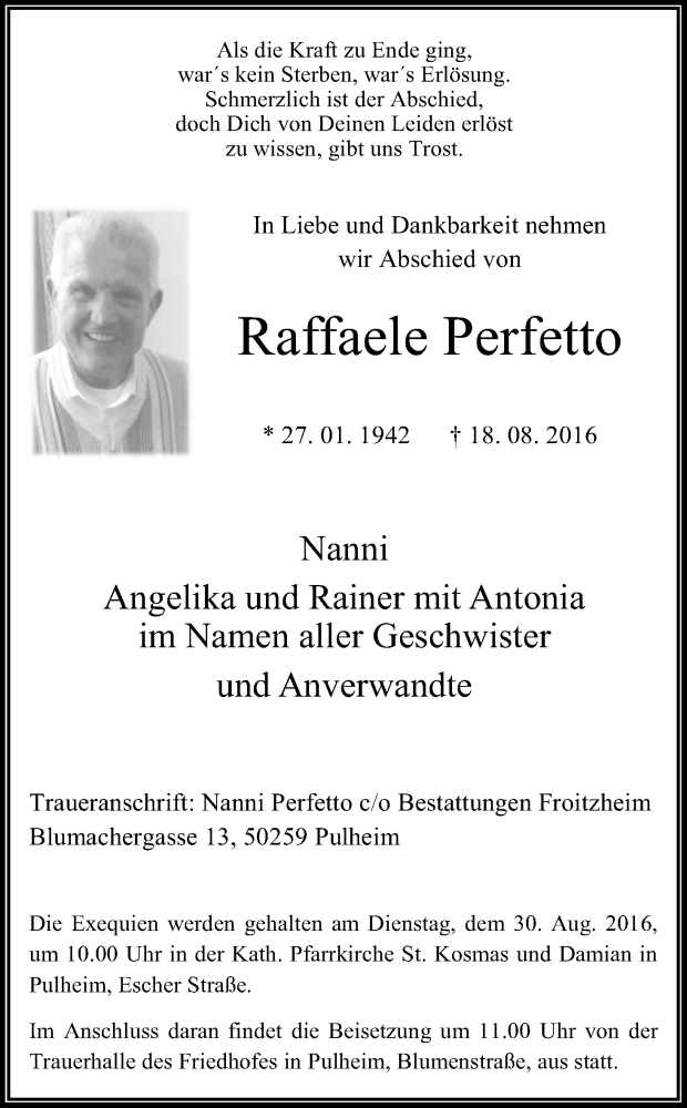  Traueranzeige für Raffaele Perfetto vom 24.08.2016 aus Kölner Stadt-Anzeiger / Kölnische Rundschau / Express
