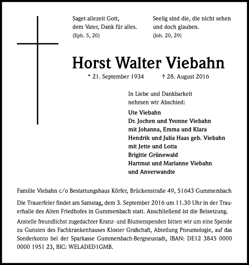  Traueranzeige für Horst Walter Viebahn vom 31.08.2016 aus Kölner Stadt-Anzeiger / Kölnische Rundschau / Express