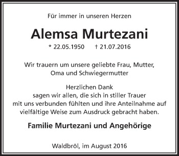 Anzeige von Alemsa Murtezani von  Lokalanzeiger 