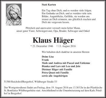 Anzeige von Klaus Häger von  Anzeigen Echo  Lokalanzeiger 