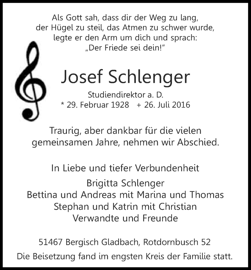  Traueranzeige für Josef Schienger vom 06.08.2016 aus Kölner Stadt-Anzeiger / Kölnische Rundschau / Express