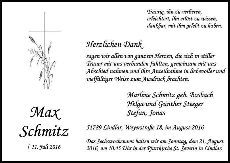  Traueranzeige für Max Schmitz vom 13.08.2016 aus Kölner Stadt-Anzeiger / Kölnische Rundschau / Express