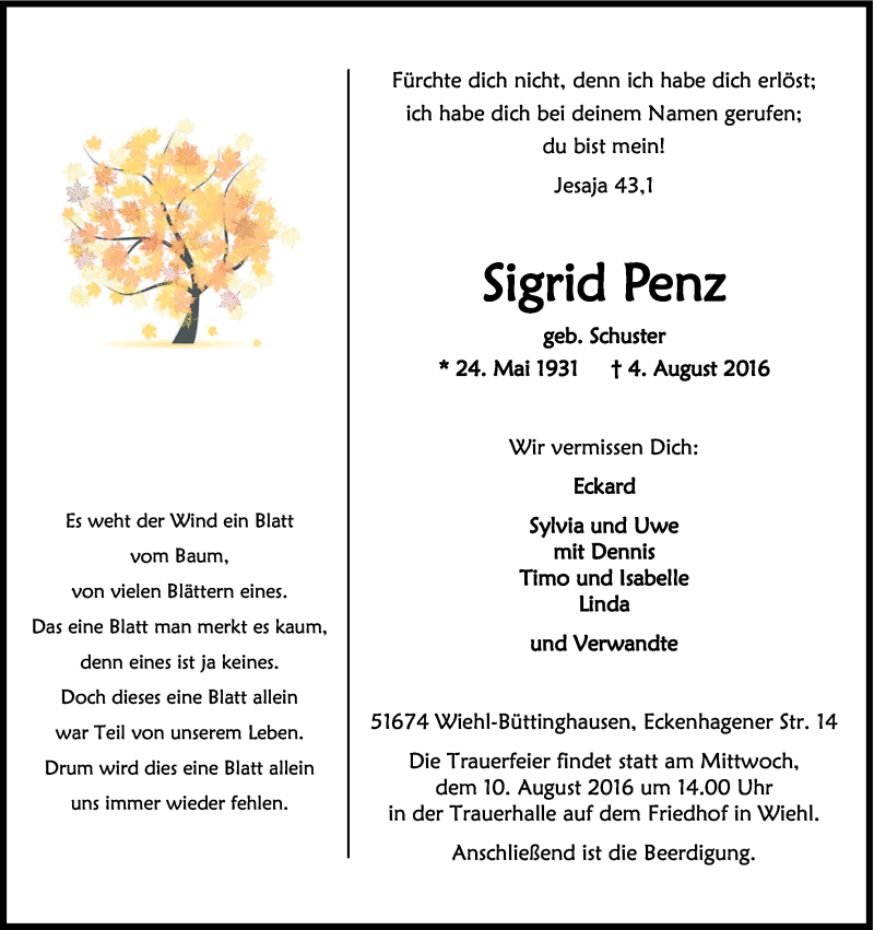  Traueranzeige für Sigrid Penz vom 06.08.2016 aus Kölner Stadt-Anzeiger / Kölnische Rundschau / Express