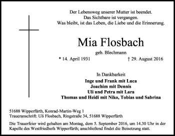 Anzeige von Mia Flosbach von Kölner Stadt-Anzeiger / Kölnische Rundschau / Express