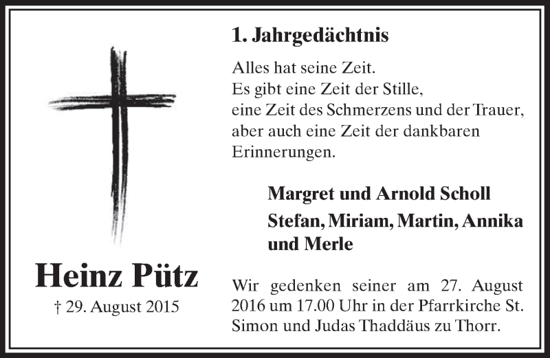  Traueranzeige für Heinz Pütz vom 20.08.2016 aus  Sonntags-Post 