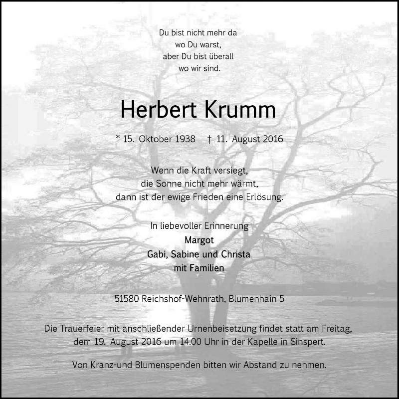  Traueranzeige für Herbert Krumm vom 17.08.2016 aus  Anzeigen Echo 
