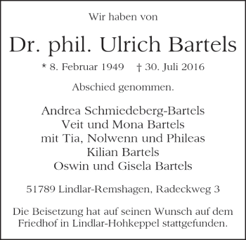 Anzeige von Ulrich Bartels von  Anzeigen Echo 
