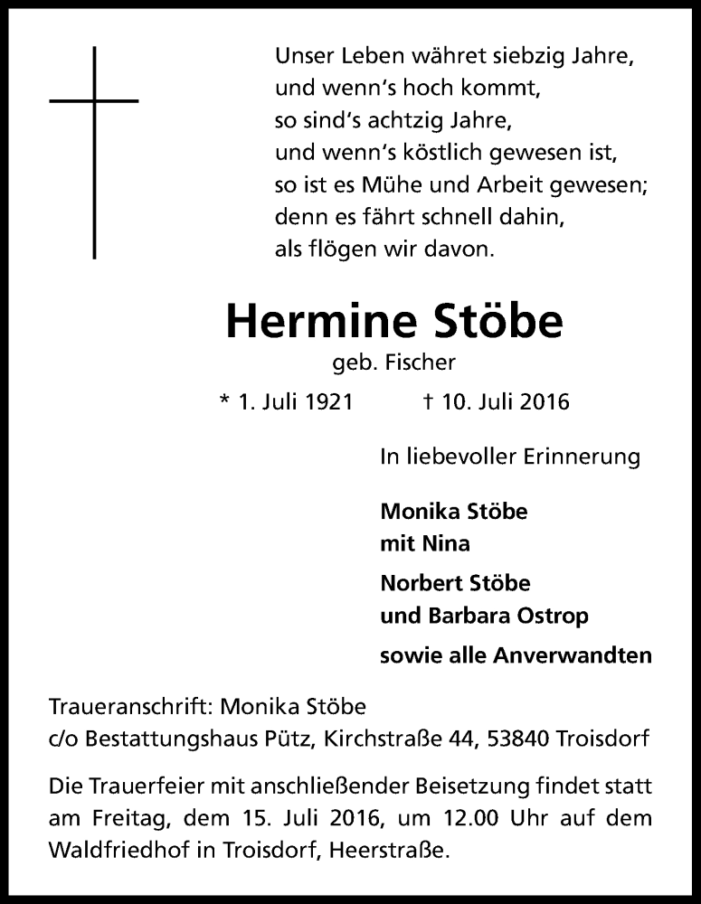  Traueranzeige für Hermine Stöbe vom 13.07.2016 aus Kölner Stadt-Anzeiger / Kölnische Rundschau / Express