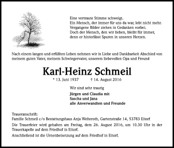 Anzeige von Karl-Heinz Schmeil von Kölner Stadt-Anzeiger / Kölnische Rundschau / Express