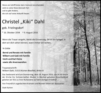 Anzeige von Christel Dahl von Kölner Stadt-Anzeiger / Kölnische Rundschau / Express
