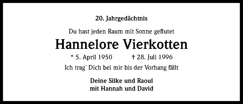  Traueranzeige für Hannelore Vierkotten vom 13.08.2016 aus Kölner Stadt-Anzeiger / Kölnische Rundschau / Express