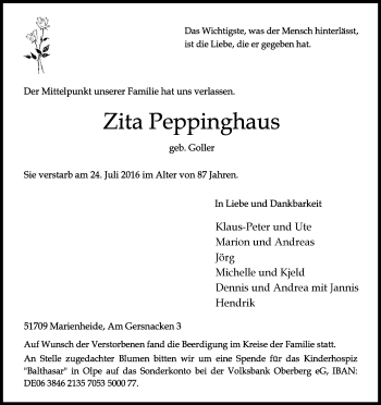 Anzeige von Zita Peppinghaus von Kölner Stadt-Anzeiger / Kölnische Rundschau / Express